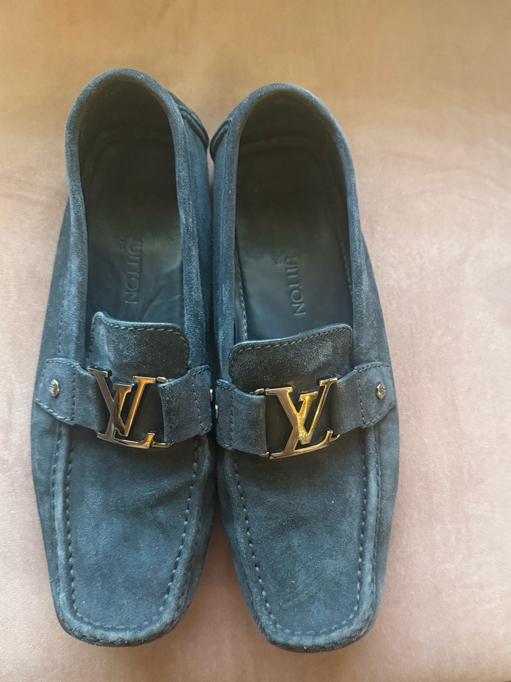 Louis Vuitton Navy Suede Loafers with Gold LV Buckle